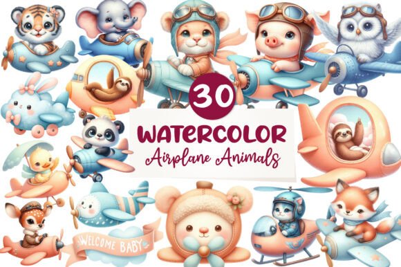 Airplane Watercolor Clipart Cute Animals: Design Assets for Creative Projects