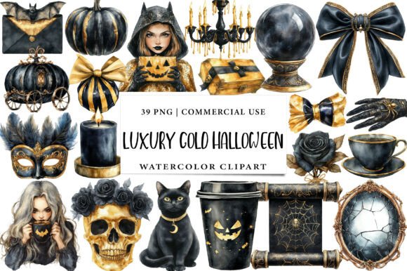 Elevate Your Autumn Projects with Luxury Black and Gold Halloween Clipart